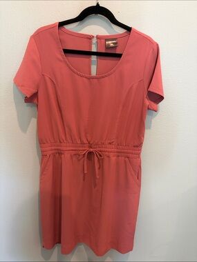 Short Coral Drawstring-Waist Dress with Scoop Neck